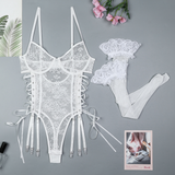 Vienna Lace-Up Sheer Lace 2 Piece White Bodysuit Lingerie By Coco