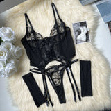 Noir Enchantress Embroidered Lace 3 Piece Bodysuit Lingerie By Coco
