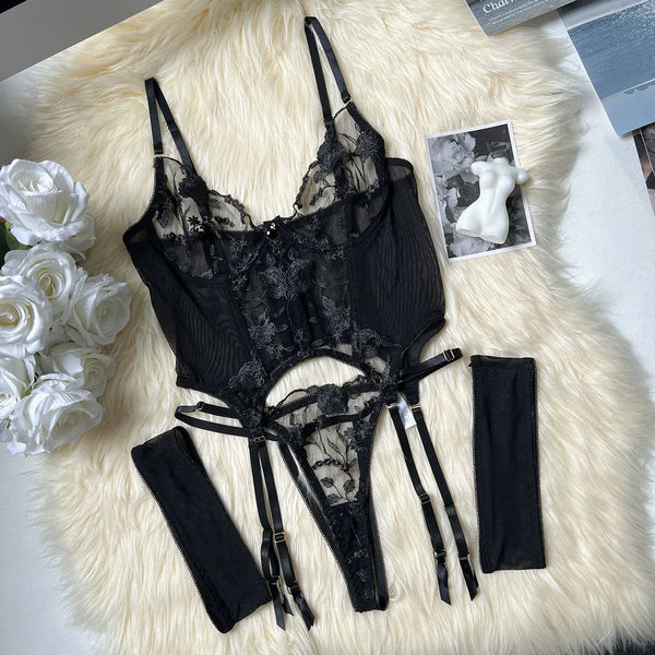 Noir Enchantress Embroidered Lace 3 Piece Bodysuit Lingerie By Coco