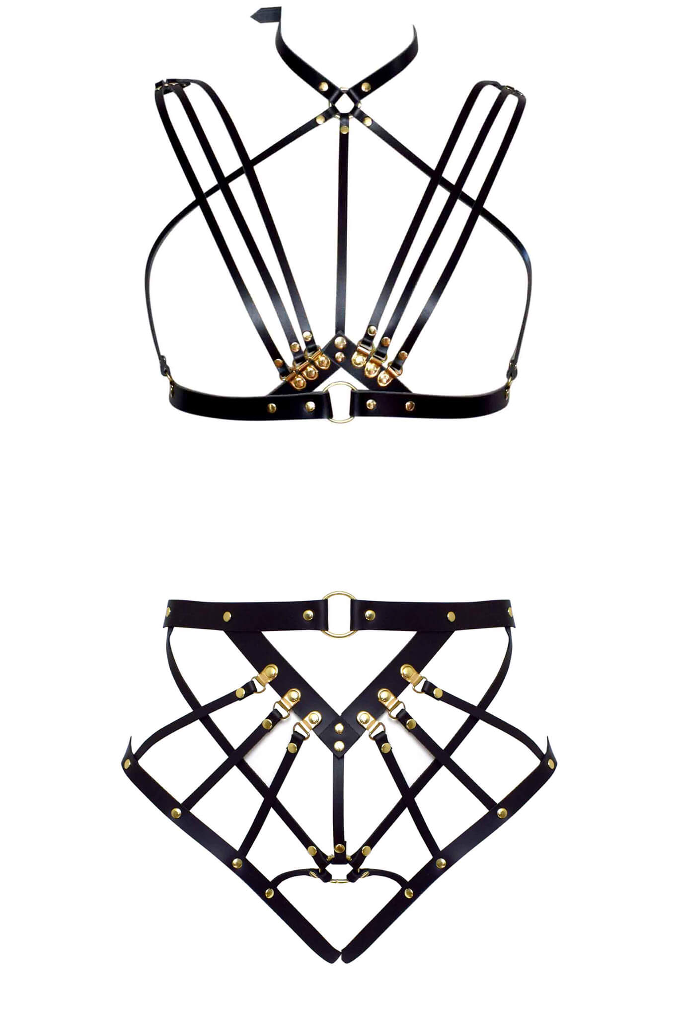 Olivia Leather Harness Set • Art Deco Lingerie Bra • Black & Gold ...